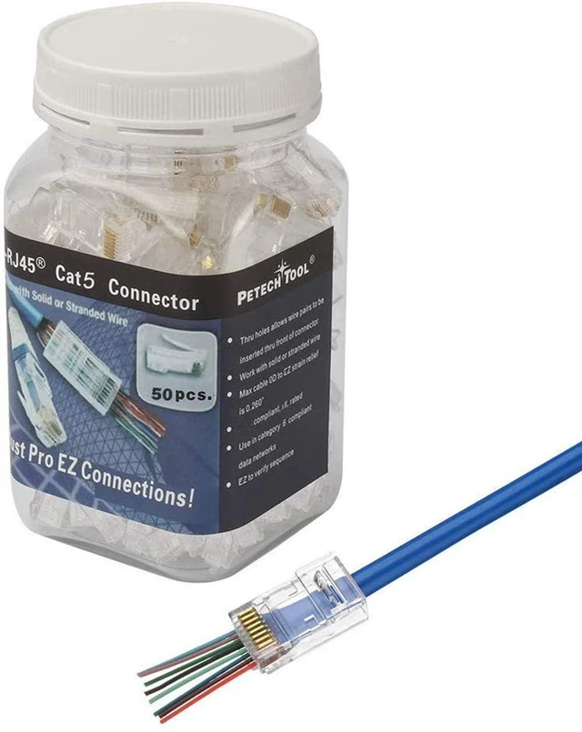 Alt view image 3 of 7 - RJ45 CAT5 CAT5e Pass Through Connectors 50Pack End Ethernet 8P8C GoldPlated Modular Plug for Unshielded Twisted Pair Solid Wire Standard Cables