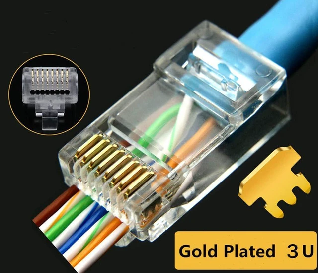 Alt view image 4 of 7 - RJ45 CAT5 CAT5e Pass Through Connectors 50Pack End Ethernet 8P8C GoldPlated Modular Plug for Unshielded Twisted Pair Solid Wire Standard Cables