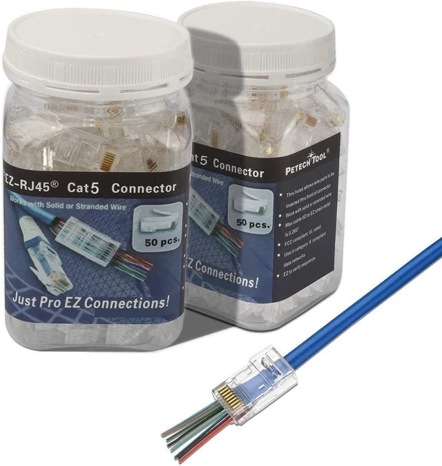 Alt view image 2 of 7 - RJ45 CAT5 CAT5e Pass Through Connectors 50Pack End Ethernet 8P8C GoldPlated Modular Plug for Unshielded Twisted Pair Solid Wire Standard Cables