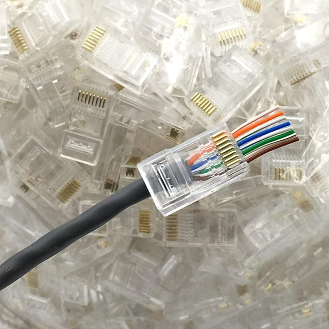 Alt view image 7 of 7 - RJ45 CAT5 CAT5e Pass Through Connectors 50Pack End Ethernet 8P8C GoldPlated Modular Plug for Unshielded Twisted Pair Solid Wire Standard Cables