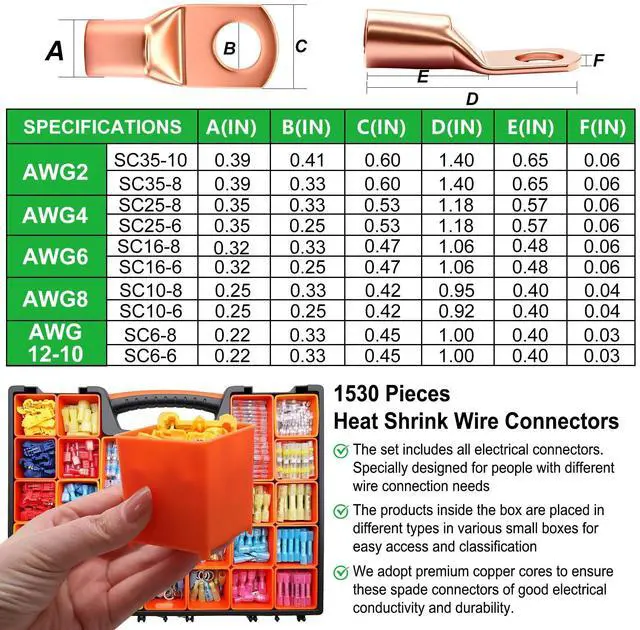Alt view image 5 of 7 - 1530PCS Ultimate Heat Shrink Wire Connectors Kit,Waterproof Electrical Spade Connector Kit,Copper Cable Wire Lug Insulated Crimp Spade Fork Ring Terminal T-Tap Butt Splice Male Female Connector