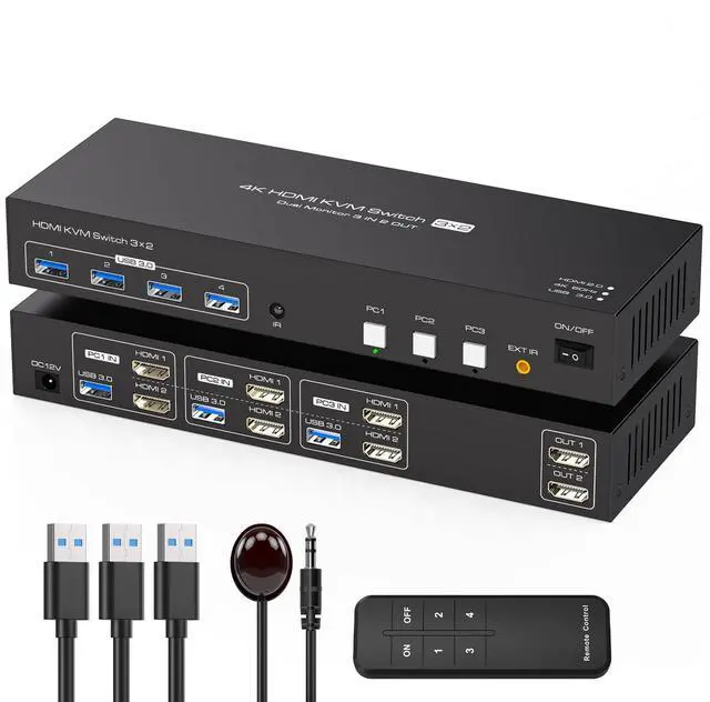Main image of HDMI KVM Switch 2 Monitors 3 Computers Support 4K@60Hz USB 3.0 KVM Switches Share Dual Monitors and 4 USB 3.0 Ports Support Extended/Copy Mode with DC 12V Adapter&Wired Controller