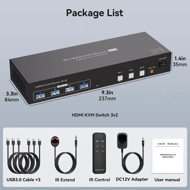 Alt view image 7 of 7 - HDMI KVM Switch 2 Monitors 3 Computers Support 4K@60Hz USB 3.0 KVM Switches Share Dual Monitors and 4 USB 3.0 Ports Support Extended/Copy Mode with DC 12V Adapter&Wired Controller