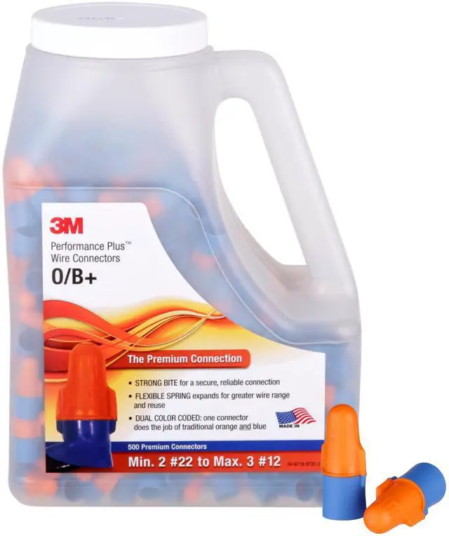 Main image of Performance Plus Wire Connector, O/B+JUG, Orange/Blue, Flexible Steel Spring Connectors, Twist On, CSA Certified, UL Listed, Jug of 500, 22-12 AWG