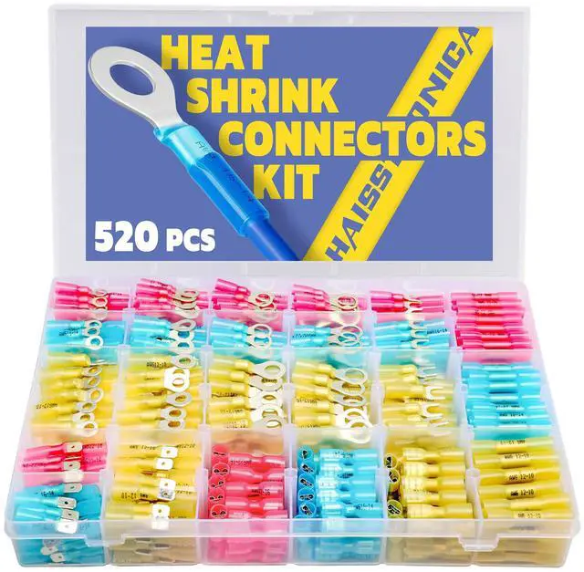 Main image of 520PCS Marine Grade Heat Shrink Wire Connectors-Electrical Connectors Kit of Tinned Red Copper,16-14 22-16 12-10 Gauge Crimp Insulated Ring Fork Spade Butt Splices(3Colors/24Size)