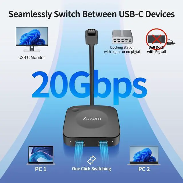 Alt view image 2 of 7 - 20Gbps USB C Switch 2 Computers, USB-C Switcher for USB-C/Thunderbolt 4 Monitor or Dock, 8K@30Hz/4K@144Hz Display, PD 3.1 140W Charging, USB-C Switch with Remote, Gaming Laptops Tablets Phones