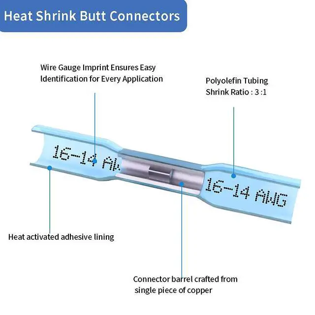 Alt view image 4 of 6 - 200 Pcs Blue Heat Shrink Butt Connectors, 16-14 AWG Waterproof Electrical Crimp Terminal Splice Wire Connectors for Marine, Automotive, Cable, Wiring