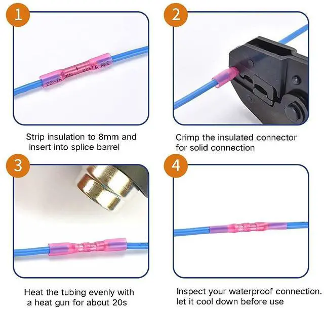 Alt view image 4 of 7 - Heat Shrink Butt Connectors, 16-14 AWG 100Pcs Blue Waterproof Electrical Crimp Wire Splice for Marine, Cable, Wiring