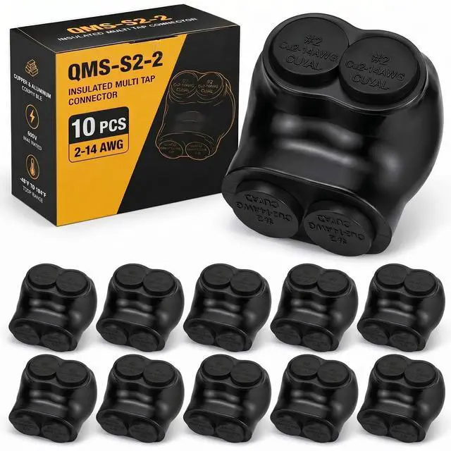 Main image of 10 Pcs Insulated Multi Cable Connectors 2 Port Single Entry Splice Electrical Power Connector Black Interconnect Terminals Pre Filled (2-14 AWG Wire Range)