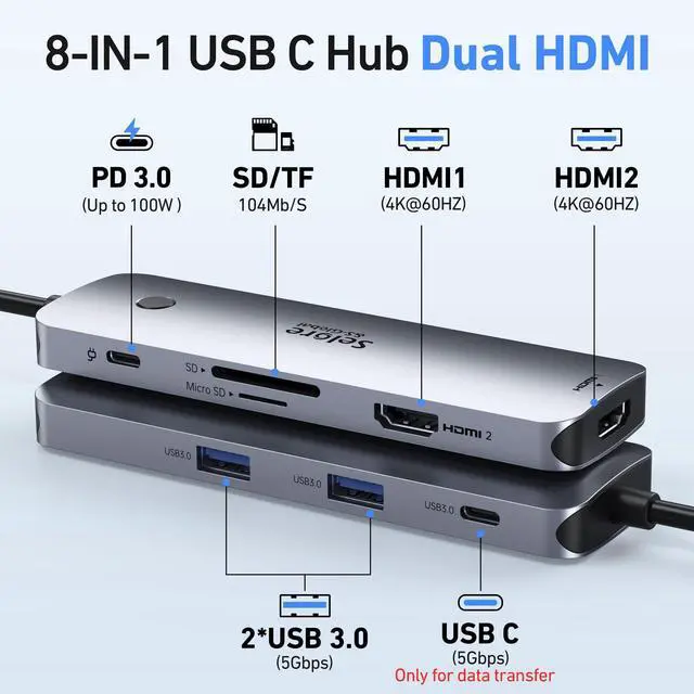 Alt view image 2 of 6 - USB C Docking Station Dual HDMI Monitor, USB C to Dual HDMI Adapter with 4K@60Hz HDMI, 100W PD, SD/TF, USB A&C 3.0 Ports, Laptop Docking Station for Dell XPS/HP/Lenovo/Surface/Yoga etc