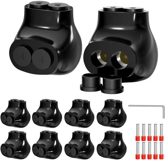 Main image of 2 Port Insulated Multi Tap Connector 4-14AWG Aluminum to Copper Wire Connectors Single Side Entry Aluminum Black Insulated Wire Connectors with Slotted Allen Hex - 10 Pack