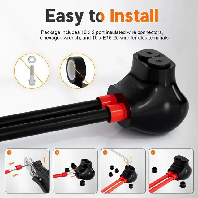 Alt view image 4 of 5 - 2 Port Insulated Multi Tap Connector 4-14AWG Aluminum to Copper Wire Connectors Single Side Entry Aluminum Black Insulated Wire Connectors with Slotted Allen Hex - 10 Pack