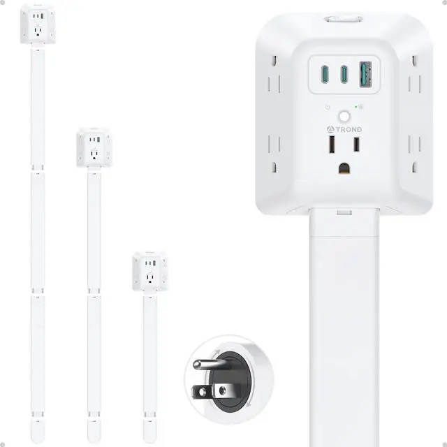 Main image of Outlet Extender Stick with 360° Rotating Plug, Surge Protector Outlet with 5 Sockets and 2 PD20W USB C Charger, 1440J, 3 Modular Electrical Extendable Stick to Extend 16"-39" behind Furnitures
