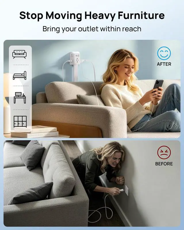 Alt view image 2 of 7 - Outlet Extender Stick with 360° Rotating Plug, Surge Protector Outlet with 5 Sockets and 2 PD20W USB C Charger, 1440J, 3 Modular Electrical Extendable Stick to Extend 16"-39" behind Furnitures