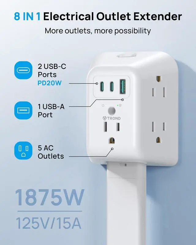 Alt view image 3 of 7 - Outlet Extender Stick with 360° Rotating Plug, Surge Protector Outlet with 5 Sockets and 2 PD20W USB C Charger, 1440J, 3 Modular Electrical Extendable Stick to Extend 16"-39" behind Furnitures