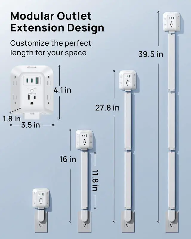 Alt view image 4 of 7 - Outlet Extender Stick with 360° Rotating Plug, Surge Protector Outlet with 5 Sockets and 2 PD20W USB C Charger, 1440J, 3 Modular Electrical Extendable Stick to Extend 16"-39" behind Furnitures