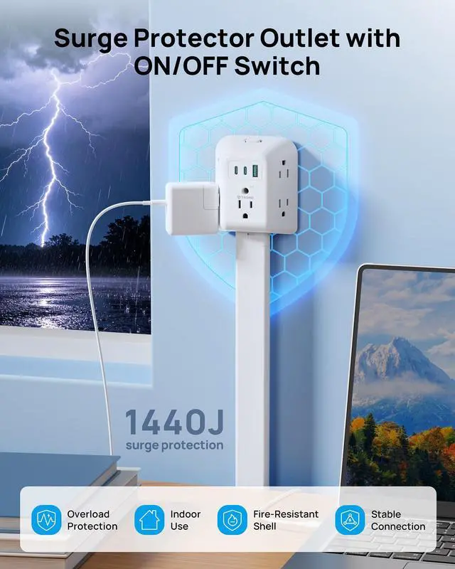 Alt view image 6 of 7 - Outlet Extender Stick with 360° Rotating Plug, Surge Protector Outlet with 5 Sockets and 2 PD20W USB C Charger, 1440J, 3 Modular Electrical Extendable Stick to Extend 16"-39" behind Furnitures