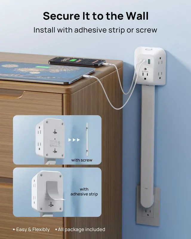 Alt view image 7 of 7 - Outlet Extender Stick with 360° Rotating Plug, Surge Protector Outlet with 5 Sockets and 2 PD20W USB C Charger, 1440J, 3 Modular Electrical Extendable Stick to Extend 16"-39" behind Furnitures