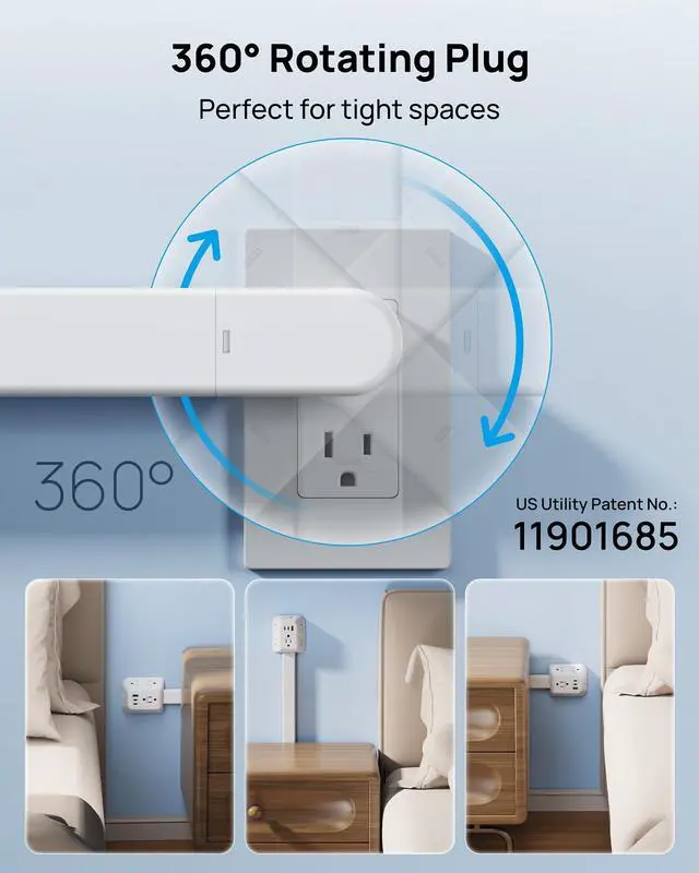 Alt view image 5 of 7 - Outlet Extender Stick with 360° Rotating Plug, Surge Protector Outlet with 5 Sockets and 2 PD20W USB C Charger, 1440J, 3 Modular Electrical Extendable Stick to Extend 16"-39" behind Furnitures