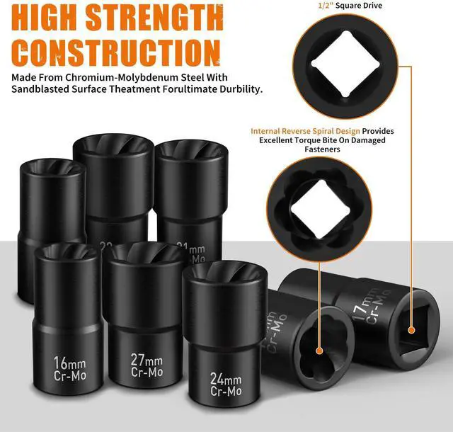 Alt view image 3 of 7 - Wheel Lock Removal Kit, 10 Piece Lug Nut Remover, 1/2-Inch-Drive Impact Easy Out Bolt Extractor Socket Set for Removing Damaged, Frozen, Rusted, Rounded-Off Bolts, Nuts & Screws
