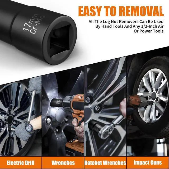 Alt view image 4 of 7 - Wheel Lock Removal Kit, 10 Piece Lug Nut Remover, 1/2-Inch-Drive Impact Easy Out Bolt Extractor Socket Set for Removing Damaged, Frozen, Rusted, Rounded-Off Bolts, Nuts & Screws