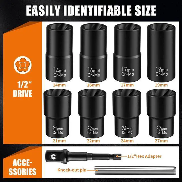 Alt view image 6 of 7 - Wheel Lock Removal Kit, 10 Piece Lug Nut Remover, 1/2-Inch-Drive Impact Easy Out Bolt Extractor Socket Set for Removing Damaged, Frozen, Rusted, Rounded-Off Bolts, Nuts & Screws