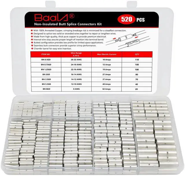 Main image of 520 PCS Non Insulated Butt Connectors Kit,26-8 Gauge Butt Splice Connector Uninsulated Wire Splice Connectors, Tinned Copper Marine Grade Seamless Barrel Crimping Butt Terminals