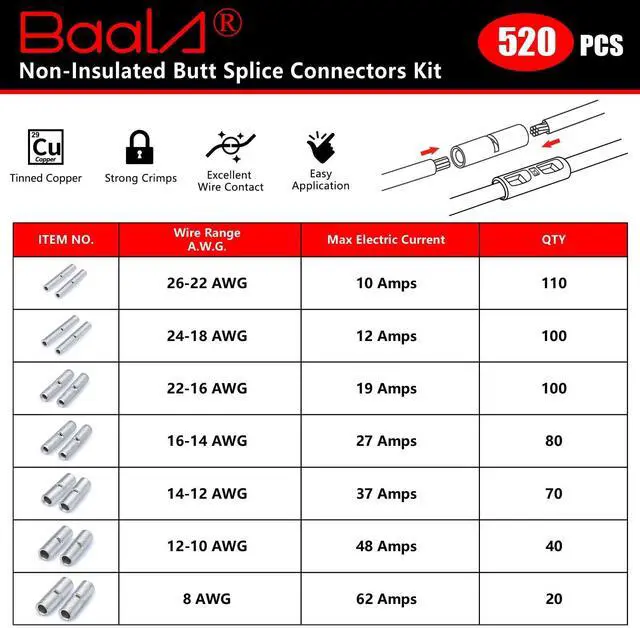 Alt view image 6 of 7 - 520 PCS Non Insulated Butt Connectors Kit,26-8 Gauge Butt Splice Connector Uninsulated Wire Splice Connectors, Tinned Copper Marine Grade Seamless Barrel Crimping Butt Terminals