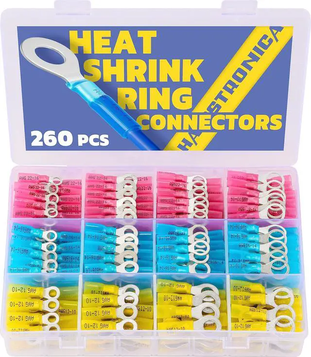 Main image of 260PCS Marine Grade Heat Shrink Ring Connectors-Heat Shrink Wire Connectors Tinned Red Copper #10,1/4",5/16",3/8"(3Colors/4Sizes),16-14 22-16 12-10 Gauge Insulated Ring Crimp Terminals