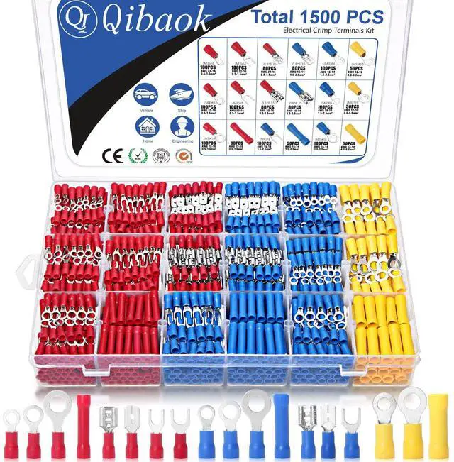 Main image of 1500pcs Wire Connectors - Insulated Electrical Wire Terminals (Copper) - Ring, Butt, Spade, Fork Connector Kit - Red, Blue, Yellow