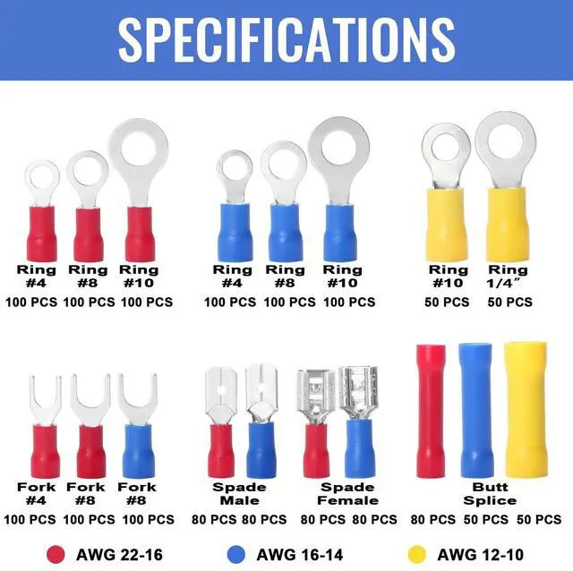 Alt view image 2 of 7 - 1500pcs Wire Connectors - Insulated Electrical Wire Terminals (Copper) - Ring, Butt, Spade, Fork Connector Kit - Red, Blue, Yellow