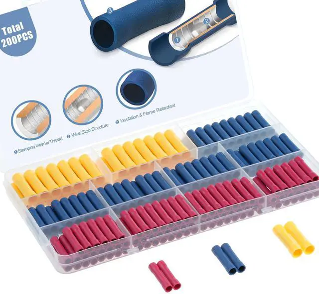 Main image of UL Listed 200 Pcs Wire Butt Splice Connectors Kit, 22-10 AWG Electrical Crimp Terminal Connector Kits, Fully Insulated Wiring Straight Crimps Terminals for 22,20,18,16,14,12,10 Gauge Wires