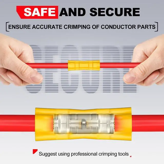 Alt view image 5 of 7 - UL Listed 200 Pcs Wire Butt Splice Connectors Kit, 22-10 AWG Electrical Crimp Terminal Connector Kits, Fully Insulated Wiring Straight Crimps Terminals for 22,20,18,16,14,12,10 Gauge Wires