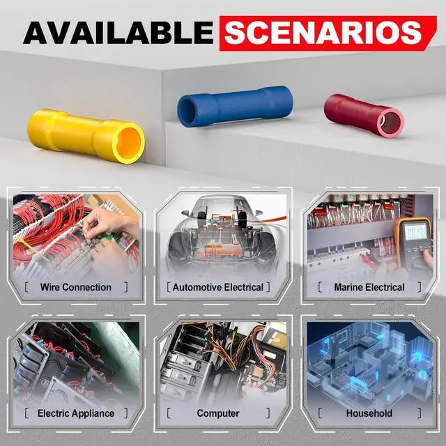 Alt view image 7 of 7 - UL Listed 200 Pcs Wire Butt Splice Connectors Kit, 22-10 AWG Electrical Crimp Terminal Connector Kits, Fully Insulated Wiring Straight Crimps Terminals for 22,20,18,16,14,12,10 Gauge Wires