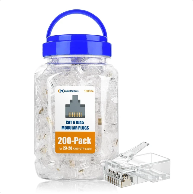 Main image of 200-Pack CAT6 RJ45 Modular Plugs, 50µ Gold Plated (RJ45 Connector, Cat 6 Ends, Cat 6 Ethernet Connector, Ethernet Plugs), for Solid or Stranded UTP Cable
