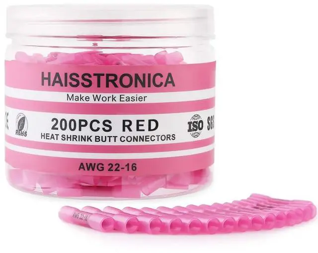 Main image of 200PCS 22-16 AWG Red Heat Shrink Butt Connectors Marine Grade Tinned Copper Crimp Terminals, Waterproof Wire Connectors, Butt Splice for Boat, Marine, Automotive, Stereo Wiring