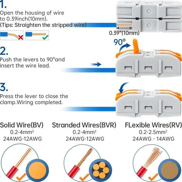 Alt view image 5 of 7 - 50 Pcs Lever Wire Connectors, 1 Conductor Compact Splicing Wire Connectors for Circuit Inline 24-12 AWG (Orange)
