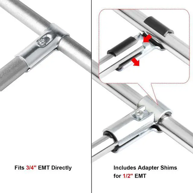 Alt view image 2 of 4 - 10 Sets T Pipe Connectors Tee Clamps, Fits 3/4" EMT Conduit Directly, Includes Adapter Shims for 1/2" EMT
