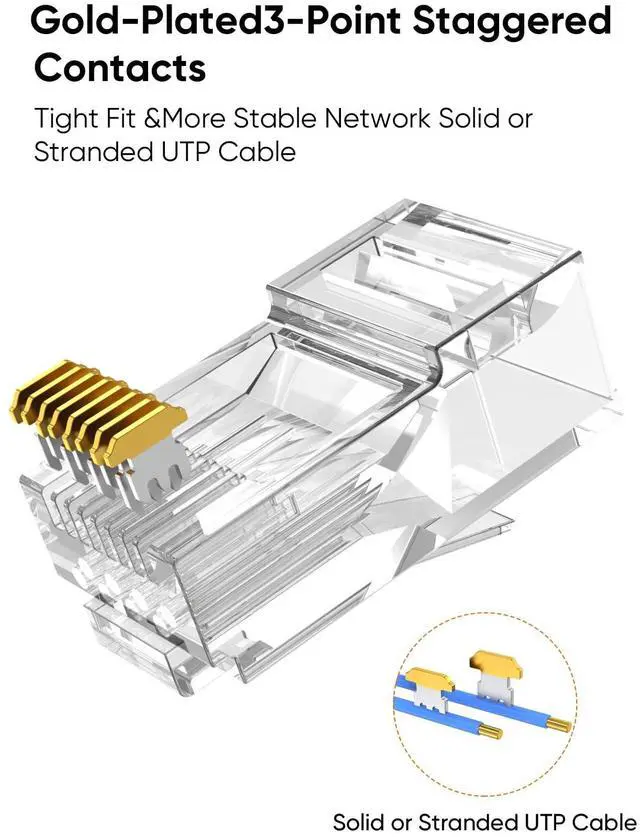 Alt view image 6 of 7 - Cat6 RJ45 Connectors, 100-PACK Cat6 RJ45 Ends, Ethernet Cable Crimp Connectors UTP Network Plug for Solid Wire and Standard Cable, Transparent