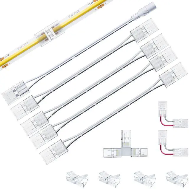 Main image of 8mm Connectors for 2-Pin COB LED Strip Lights,4pcs Transparent Gapless Connectors,4pcs Dual End,1pc Single to DC Female Plug 7.9in Extension Wire,2pcs L-shaped Connectors,1pc T-shaped Connector