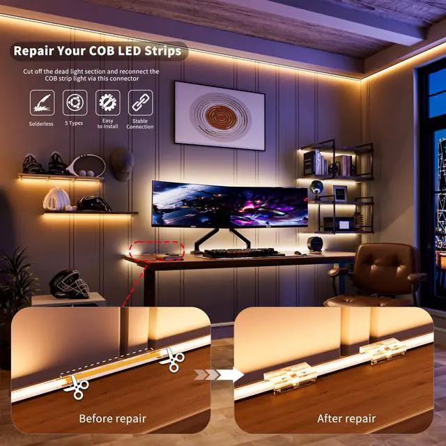 Alt view image 5 of 7 - 8mm Connectors for 2-Pin COB LED Strip Lights,4pcs Transparent Gapless Connectors,4pcs Dual End,1pc Single to DC Female Plug 7.9in Extension Wire,2pcs L-shaped Connectors,1pc T-shaped Connector