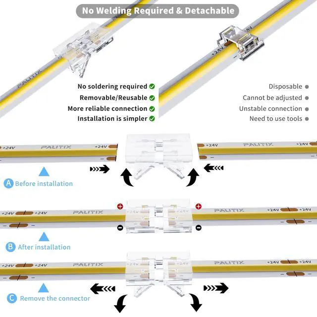 Alt view image 3 of 7 - 8mm Connectors for 2-Pin COB LED Strip Lights,4pcs Transparent Gapless Connectors,4pcs Dual End,1pc Single to DC Female Plug 7.9in Extension Wire,2pcs L-shaped Connectors,1pc T-shaped Connector