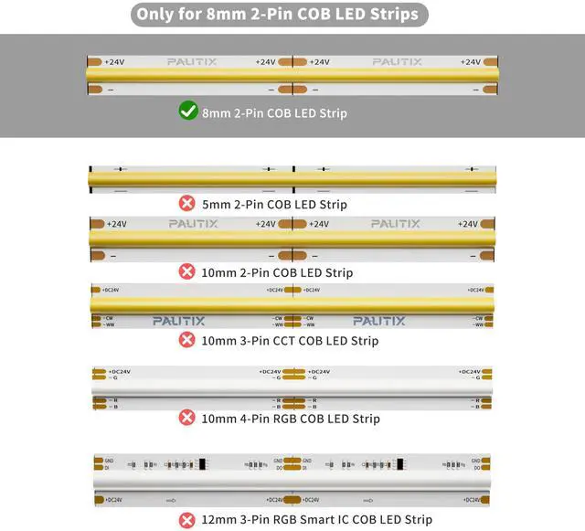 Alt view image 7 of 7 - 8mm Connectors for 2-Pin COB LED Strip Lights,4pcs Transparent Gapless Connectors,4pcs Dual End,1pc Single to DC Female Plug 7.9in Extension Wire,2pcs L-shaped Connectors,1pc T-shaped Connector