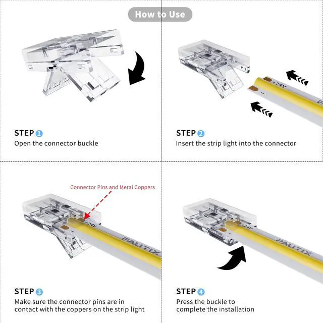 Alt view image 4 of 7 - 8mm Connectors for 2-Pin COB LED Strip Lights,4pcs Transparent Gapless Connectors,4pcs Dual End,1pc Single to DC Female Plug 7.9in Extension Wire,2pcs L-shaped Connectors,1pc T-shaped Connector