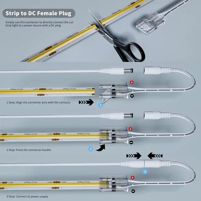 Alt view image 6 of 7 - 8mm Connectors for 2-Pin COB LED Strip Lights,4pcs Transparent Gapless Connectors,4pcs Dual End,1pc Single to DC Female Plug 7.9in Extension Wire,2pcs L-shaped Connectors,1pc T-shaped Connector