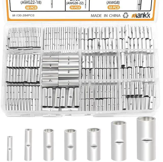 Main image of 284PCS Non Insulated Butt Connectors Kit 26-6 Gauge Tinned Red Copper Butt Connector Uninsulated Butt Connector Wire Crimp Connectors for Electrical Appliances Cars Boats etc