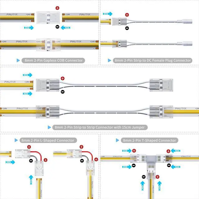 Alt view image 2 of 7 - 8mm Connectors for 2-Pin COB LED Strip Lights,4pcs Transparent Gapless Connectors,4pcs Dual End,1pc Single to DC Female Plug 7.9in Extension Wire,2pcs L-shaped Connectors,1pc T-shaped Connector