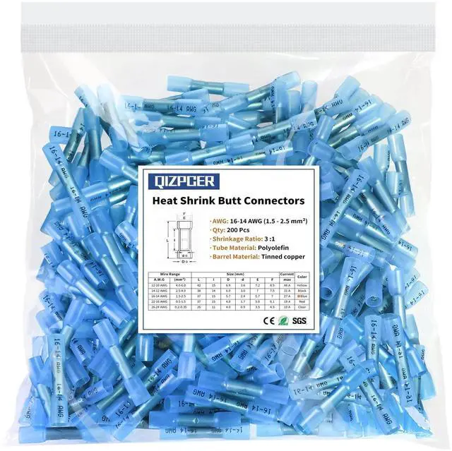 Main image of 200 Pcs Blue Heat Shrink Butt Connectors, 16-14 AWG Waterproof Electrical Crimp Terminal Splice Wire Connectors for Marine, Automotive, Cable, Wiring