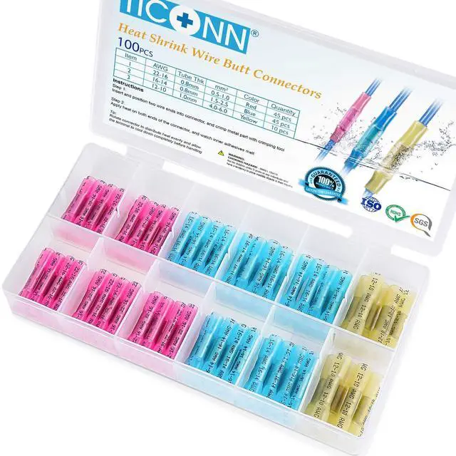 Main image of 100PCS Heat Shrink Butt Wire Connector Kit, Insulated Waterproof Electrical Wire Crimp Terminals Butt Splice for Marine Automotive (100PCS)