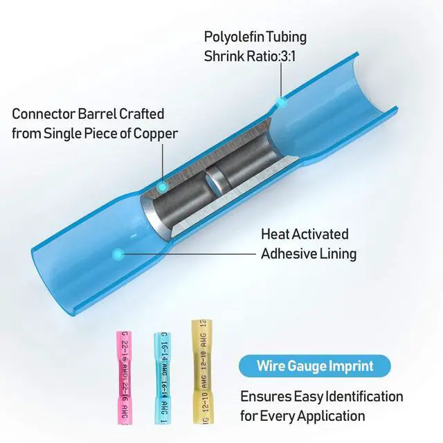 Alt view image 2 of 7 - 100PCS Heat Shrink Butt Wire Connector Kit, Insulated Waterproof Electrical Wire Crimp Terminals Butt Splice for Marine Automotive (100PCS)